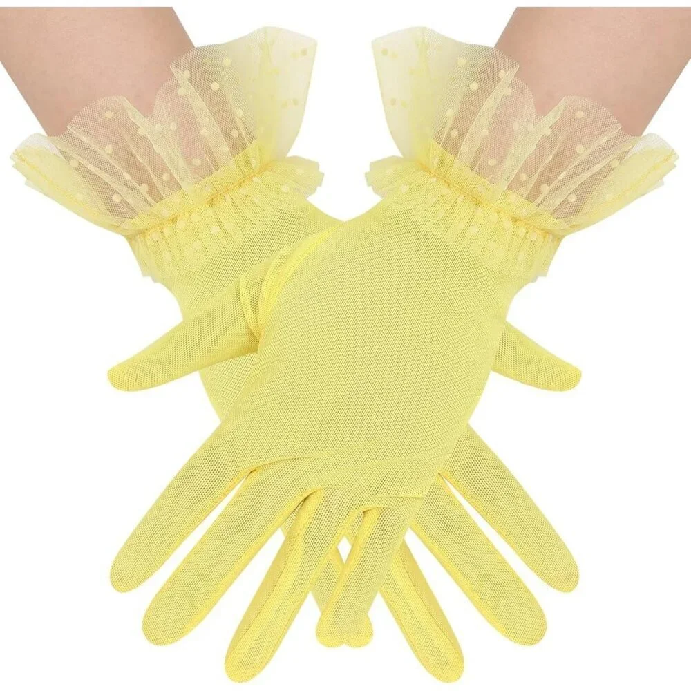 Women's Short Lace Yellow Tulle Sheer Mesh Tea Party Prom Gloves Banquet Costume